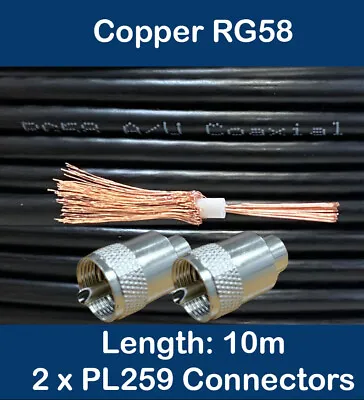 10m Copper Black RG58 50 Ohm Coaxial Cable 2 X PL259 UHF CB Radio Ham Aerial • £10.79
