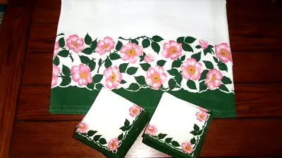 Vtg 49x72 White W Pink Dogwood Heavy Swedish Linen Blend Tablecloth + 11 Napkins • $34.99