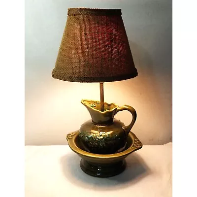 Vintage Pitcher Lamp Moss Green Pitcher Basin 17 Inches Heavy Glaze Felt Bottom • $52.92