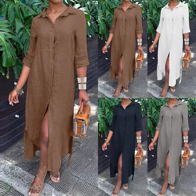 Women Cotton Linen Maxi Shirt Dress Baggy Summer Long Tops Blouse Plus Size 20 • £14.99