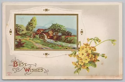 Greetings~Best Wishes~Home Along River~Yellow Flowers~Vintage Postcard • $2.80