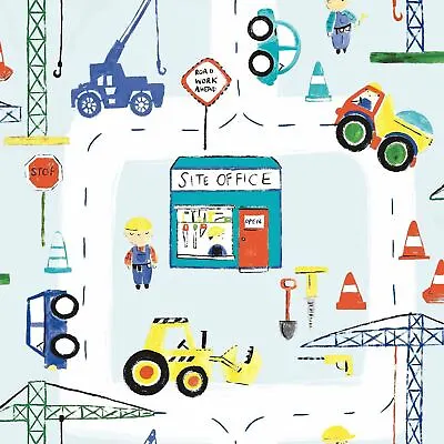 Kids Builder Wallpaper Trucks Diggers Cars Crane Road Works Children's Bedroom • £14.95