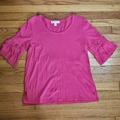 Michael Kors Top Women's Medium Bright Pink 3/4 Pleated Bell Sleeve Relaxed Fit • $12.49