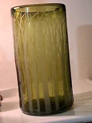 Vintage HEAVY HANDBLOWN GLASS VASE Forest Green ETCHED TEE Art Deco Mcm • $25