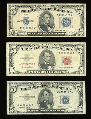 Set Of 3 $5 Dollar Bills 1934 1953 And 1963 US Notes And Silver Certificates • $33.99