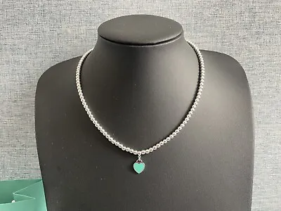 Tiffany-&-Co Return To Tiffany Blue Enamel Mini Heart Bead Necklace. • $237.06