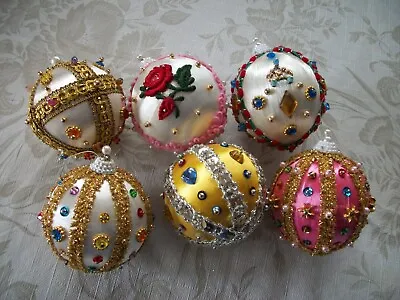 Vintage 6 Handmade Christmas Ornaments - Pushpin Beads Sequins Applique Jewels • $25.94