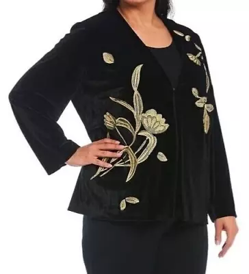 NWT Ming Wang $340 BLACK VELVET Jacket Ladies 1X STUNNING GOLD FLORAL EMBROIDERY • $79.99