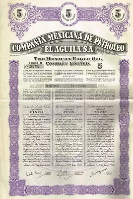 MEXICO MEXICAN EAGLE OIL COMPANY 5 SH Stock Certificate/ Bond W/COUPONS • $21.99