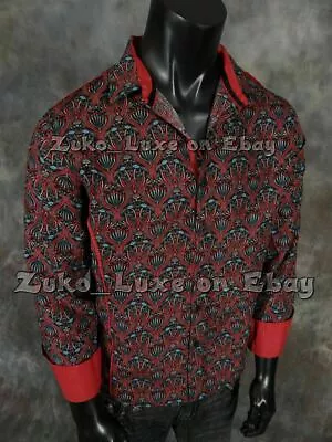 Mens ID By Caviar Dremes Shirt Red Turquoise Patterns Slim Fit Button Front • $9.95