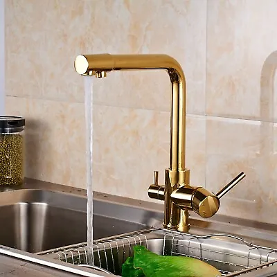 Gold 3 Way Kitchen Taps Pure Water Filter Dual Handle Swivel Sink Mixer Tap • £50