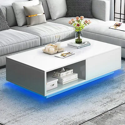 $129.99 • Buy Modern White High Gloss Coffee Table 16Color LED Light Living Room StorageDrawer