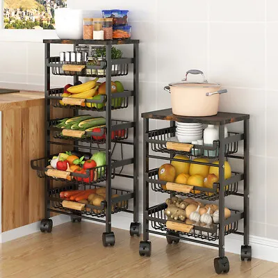 3/4/5 Tier Kitchen Storage Vegetable Cart With Wheels Fruit Trolley Basket Rack • £20.95