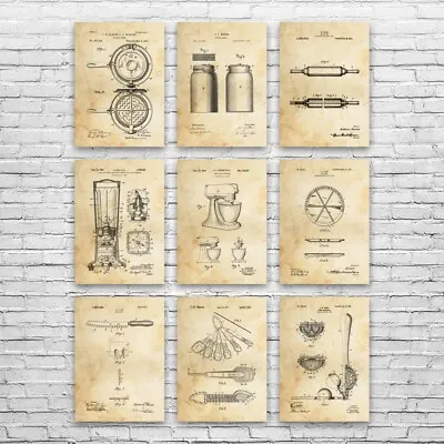 Kitchen Patent Posters Set Of 9 Restaurant Art Baker Gift Bakery Wall Art • $69.95
