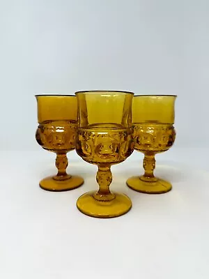 Indiana Glass Amber Kings Crown Thumbprint Wine Water Goblets Vintage Set Of 3 • $32.99