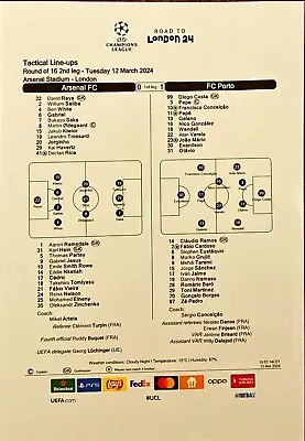 Arsenal V Porto 12/3/2024 Champions League UEFA Tactical Team Sheet • £2.40