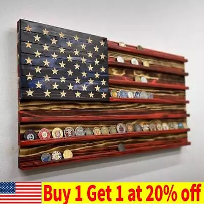 Vintage American Flag Solid Wood Wall Mounted Challenge Coin Display Holder Rack • $18.49