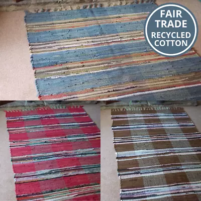 CHINDI CHECK FAIR TRADE INDIAN RAG RUG 90 X 150cm (3' X 5') Cotton... • £29.99