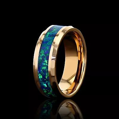 Ring - Men's Hammered Rose Gold Blue-Green Opal Inlay Ring • $247