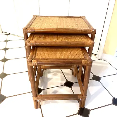 VINTAGE Bamboo Nesting Tables Rattan Wicker Set Of 3 ~ IN EXCELLENT CONDITION • $360
