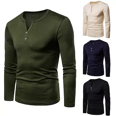 Men Solid Color Button V Neck T-shirt Casual Long Sleeve Slim Fit Basic Shirts • $20.41