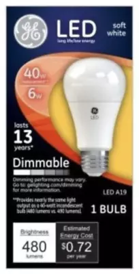 GE LED Soft White Bulb 6 Watt 40 Watt Replacement Dimmable A19 480 Lumens NEW • $10.99