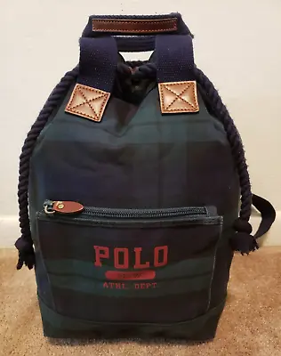 $74.95 • Buy Vintage Polo Ralph Lauren Athl. Dept. Plaid Drawstring Sling Backpack Blue Green