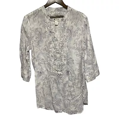 Malvin I Love Linen Blouse Womens L White Blue Floral Pintuck Button Tunic Top • $12.99