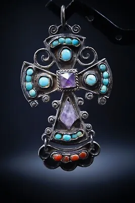 MATL Matilde Poulat 925 Sterling Silver Turquoise Coral Amethyst Cross Pendant • $388.88