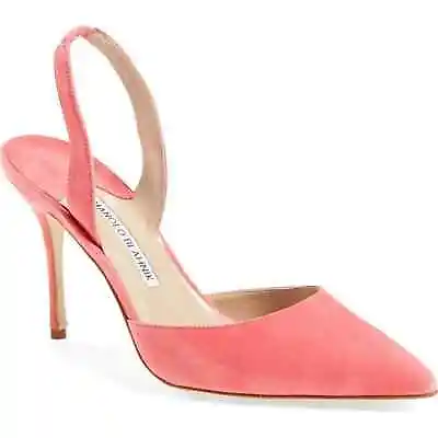 Manolo Blahnik Carolyne Pink Suede Sandals Size 39 New Slingback Pumps $645 • $399