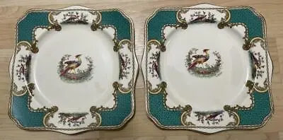 2 MYOTT Chelsea STAFFORDSHIRE Square Luncheon Plates 8  Pheasant BIRD Green X 2 • $66