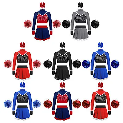UK Girls Cheerleading Dancewear Costume Set Crop Top With Skirt Headwear Pom Pom • £24.76