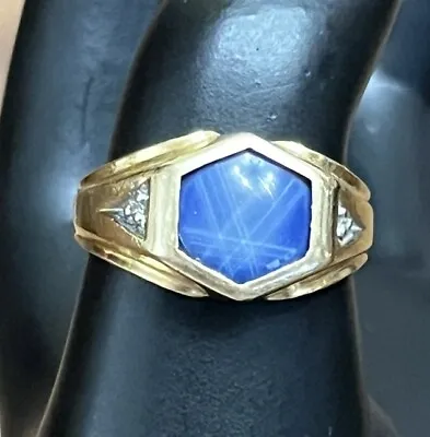 10k Yellow Gold Lab-Created Star Blue Sapphire & Diamond Men's Ring Hexagon Sz 8 • $299