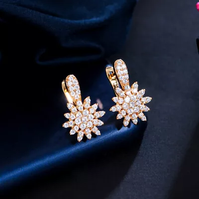 Cute Full Micro Paved Flower Small Hoop Earring 585 Gold Plated CZ Party Jewelry • $6.20