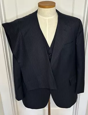 Vintage Hart Schaffner Marx Navy Pinstripe 3-Piece Suit Size 48 SEE MEASUREMENTS • $199.95