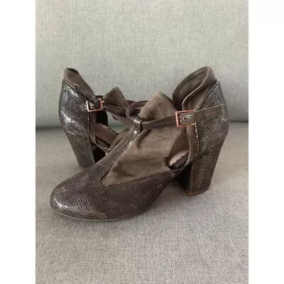 Anthropologie Miss Albright Metallic T-strap Bootie Heel Size 7 1/2 • $75.99