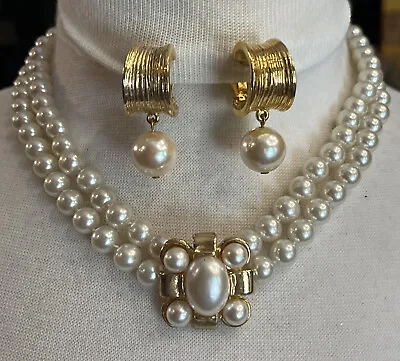 $29.99 • Buy Vintage Double Strand Pearl Cabochon Necklace Dangle Drop Clip On Earrings Set