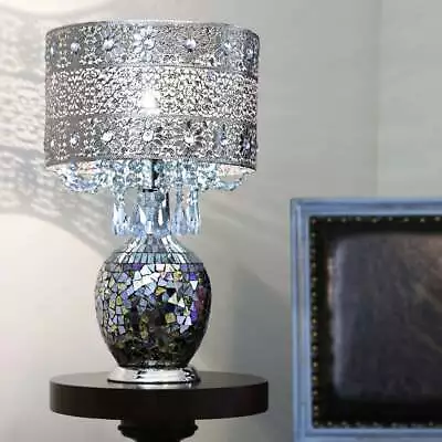 Glam Table Lamp Metal Filigree Shade Blue Crystals Mosaic Mirrored Glass Base • $201.60