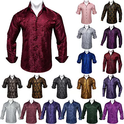 Mens Long Sleeve Silk Shirt Top Casual Navy Blue Black Paisley Dress Shirts Tops • £19.99