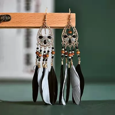 Fashion Women Bohemian Vintage Earrings Teardrop Feather Beads Tassel Style 1492 • $5.99