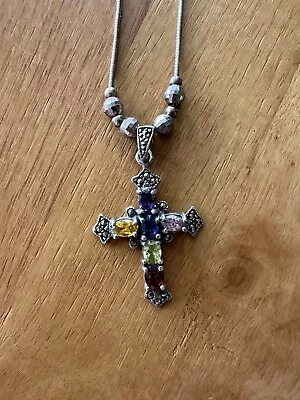 Sterling Silver Gemstone Marcasite Cross Pendant Necklace 20 • $7.99