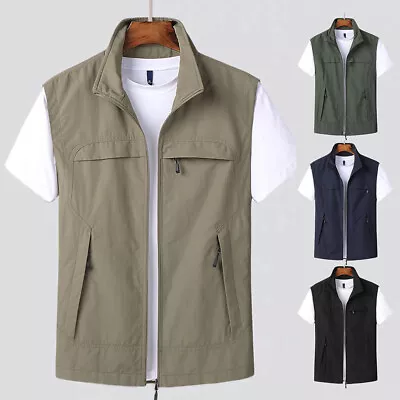 Mens Multi Pocket Vest Zipper Gilet Jacket Hiking Hunting Fishing Waistcoat❤Tops • £21.59