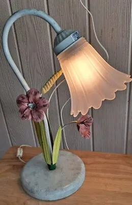 Vtg Table/Vanity Lamp With Metal Toleware Flowers And Petals And Glass Shade 17  • $34.95