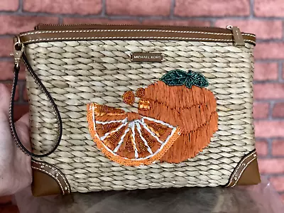 Preowned Michael Kors Woven Malibu Natural Straw Orange Pattern Woven Zip Clutch • $85