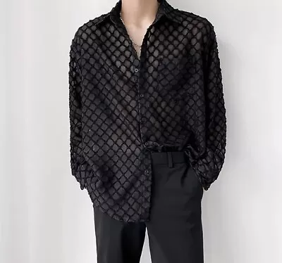 Men Lace Shirt Casual See Through Loose Fit Transparent Party Club Event Top New • $61.19