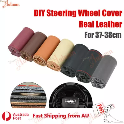 Real Cow Leather DIY Car Steering Wheel Cover Soft Plain Glossy 37cm 38cm 15  • $15