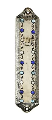 USED Textured Silver Metal Mezuzah  Sheen  Adorned With Blue & White Stones 5.5  • $19.40