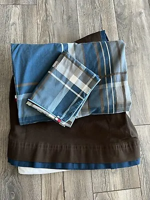 3 PC Vintage Tommy Hilfiger Twin Duvet Set Pillow Sham Skirt Blue Brown Striped • £122.80