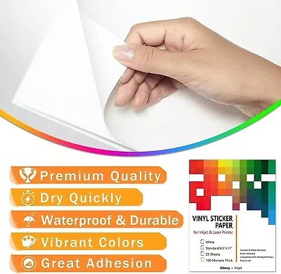 25 Printable Vinyl Sticker Paper Glossy/Matte/Clear Inkjet Laser 8.5 X11  • $8.99