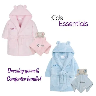 Personalised Baby Girl Boy Dressing Gown And Comforter Bath Robe Bear Elephant • £24.95